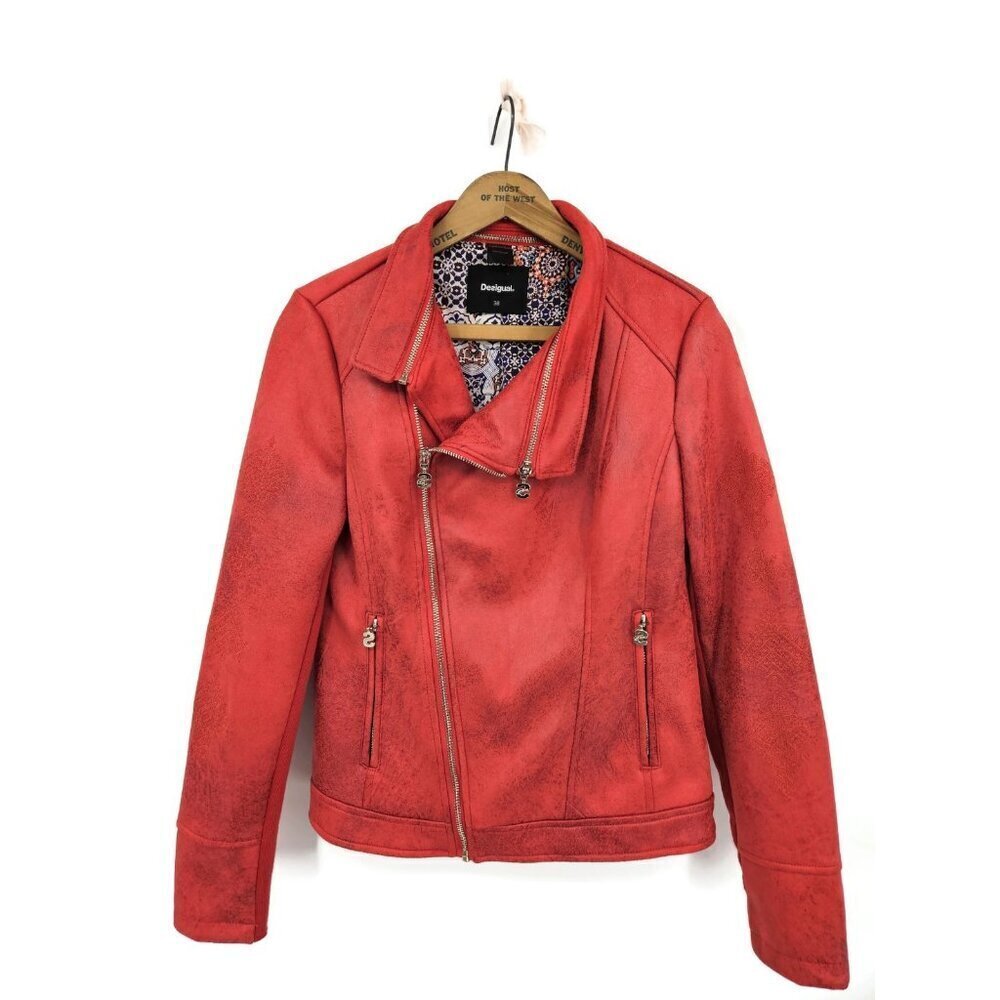 Desigual Biker Red Jacket Womens 38 Embroidered Zippered